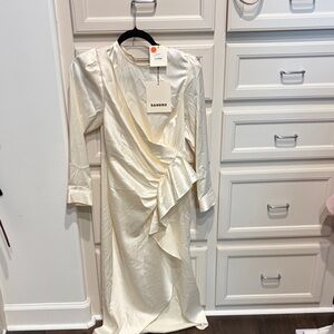 Sandro Ivory Satin Ruffle-Front Midi Dress